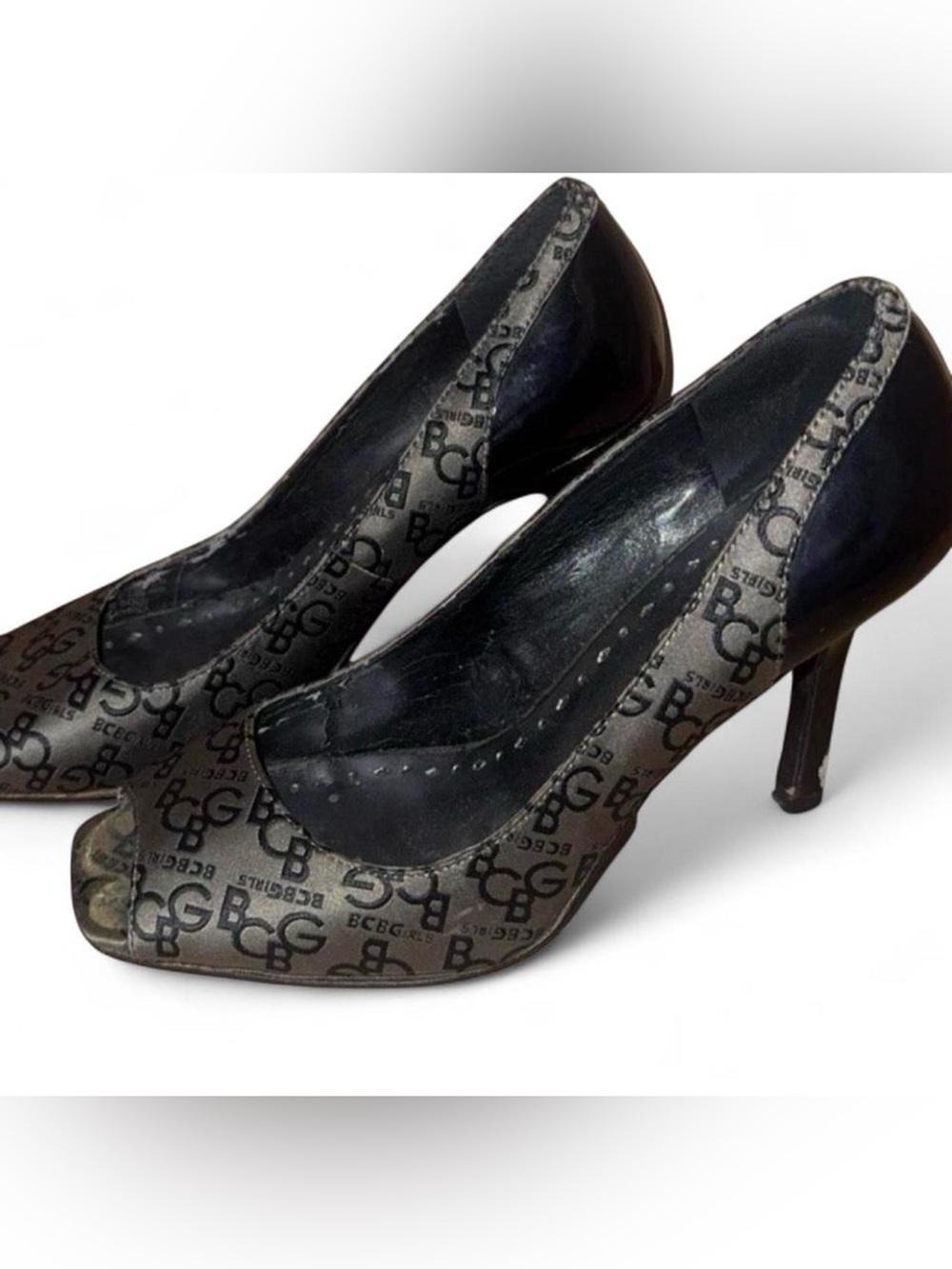 BCBG Black and Gray Logo Platform Heels